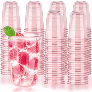 Xuelimei 16oz Disposable Stemless Glasses,PET Disposable Drinking Cups,Cold Party Clear Plastic Wine Glasses for Parties Birthday,Wedding,Meeting,Christmas Party Supplies (70, Pink)