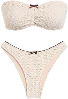 ZAFUL Women's Strapless Bikini Openwork Textured Bow Ruched Lace Up High Cut Bandeau Swimsuit Bathing Suits L