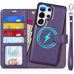 TUCCH Detachable Case Wallet for Galaxy S26 Ultra, Wrist Strap 4 Card Slots RFID Blocking Wireless Charging Stand, Magnetic PU Leather Shockproof Folio Cover for Galaxy S26 Ultra 2026, Deep Purple