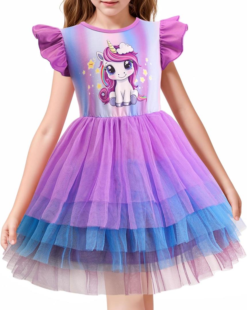 LQSZ Girls Tulle Dresses Princess Flutter Sleeve Tutu Dress for Toddler Girl 3-12 Years (Purple)