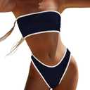 YIMISAN Women's Two Piece Bandeau Swimsuit Ribbed Strapless Tube Bikini Top with Mid Waist Cheeky Bottom Bathing Suit (Medium, Black&white)
