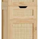 Iwell Tall Narrow Storage Cabinet with Doors, Rattan Cabinet with Adjustable Shelves, Freestanding Linen Storage for Living Room, Entryway, Kitchen, Bathroom, Natural, 11.8"D x 15.7"W x 67.1"H