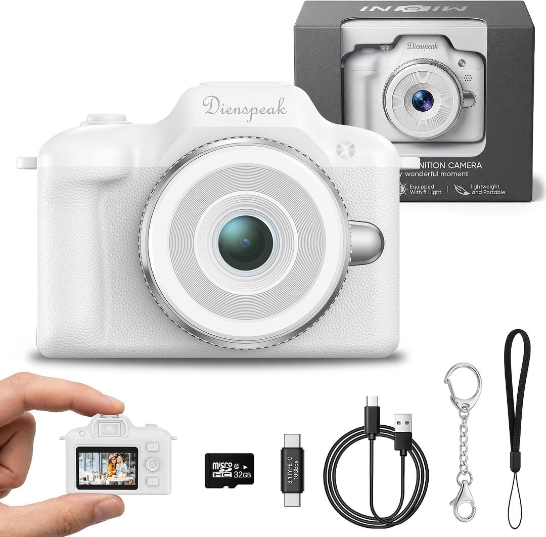 Tiny Digital Camera, Vintage Mini Keychain Camera for Teens & Beginners, Cute Portable Small Camcorder with 32GB Card, 1080P HD Pocket Video Recorder for Travel and Vlogging, White