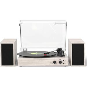 Record Player with Speakers and USB Encoding, Belt Driven Vintage Bluetooth Turntables for Vinyl Records with 20W Power External Speakers, 3 Speed 3 Size, Auto Stop, Dust Cover, RCA/AUX Port (Grey Wooden)