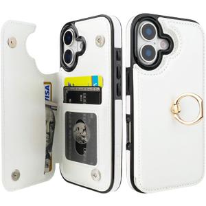 ONETOP for iPhone 17 Wallet Case with Card Holder, 360 Rotation Ring Kickstand RFID Blocking PU Leather Double Magnetic Clasp Shockproof Cover for Women and Girls 6.3 Inch (White)