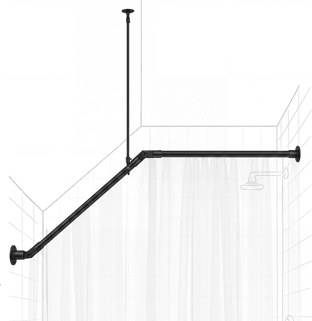 39" x 39" Sloped Ceiling Shower Rod, Corner Shower Curtain Rod for Angled Slanted Sloped Ceilings Rust Resistant Alloy for Bathtub and Bathroom (Black)