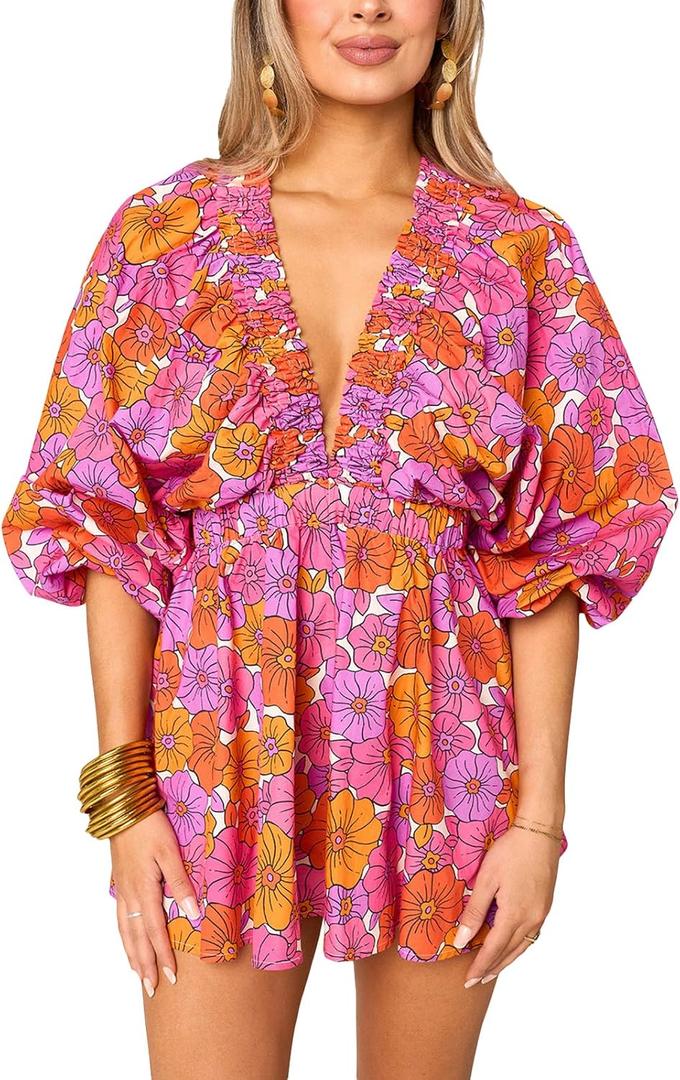 Cjfdfy Women's Long Puff Sleeve Short Romper Summer Cute Deep V Neck Flowy Tropical Beach Vacation Playsuit Resort Wear 2025 (Floral, M)