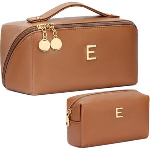 Birthday Gifts for Women Teen Girl, Personalized Initial Makeup Organizer Bag Set, Open Flat Travel Cosmetic Bag With Clear Divider and Handle(Brown,E)