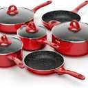Induction Cookware Pots and Pans Set 10 Piece, BEZIA Dishwasher Safe Nonstick Cooking Pans, Stay-Cool Bakelite Handle, Scratch Resistant Kitchen Sets with Frying Pans, Saucepans & Stockpot (Red)