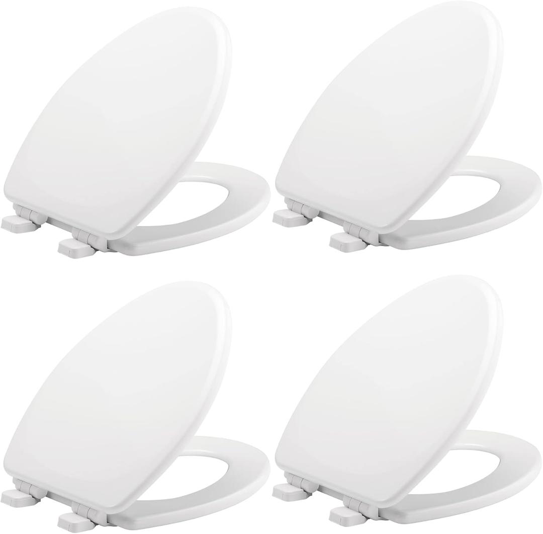 Mayfair Linden Slow Close Toilet Seat, Non Slip Heavy Duty Wood, Easy Install, Made in USA, Elongated, White, 4 Pack