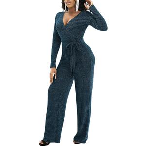LightlyKiss Women's casual sexy V-neck sparkling jumpsuit long sleeve loose jumpsuits Fashion Club party Rompers with belt (Large)