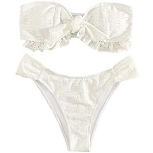 WDIRARA Women's Ruffle Knot Front Bandeau Bikini Set 2 Piece Strapless Swimsuit S, White