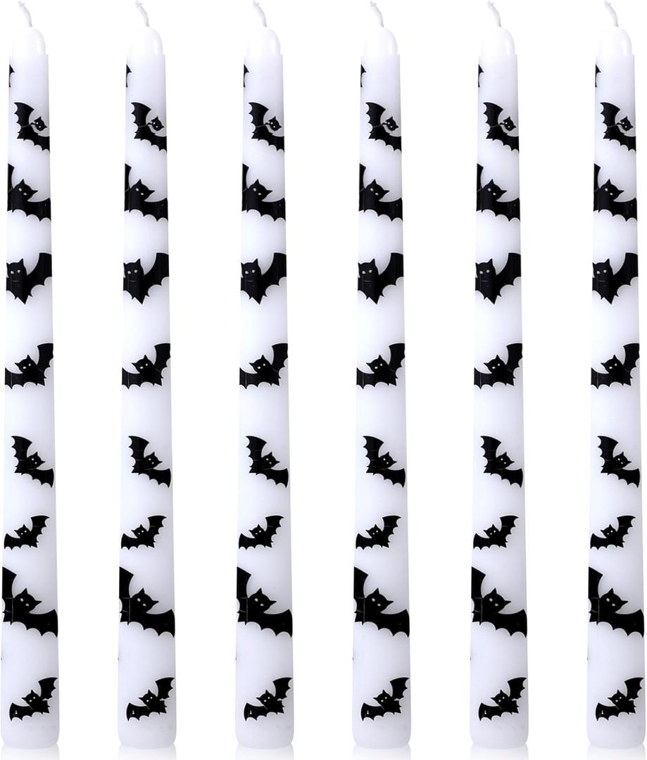 Lounsweer 6 Pcs Halloween Bat Candles 10 Inch White Taper Candlesticks with Black Bat Prints, Dissolvable Real Wax Candles for Halloween Ghost Party Table Decoration
