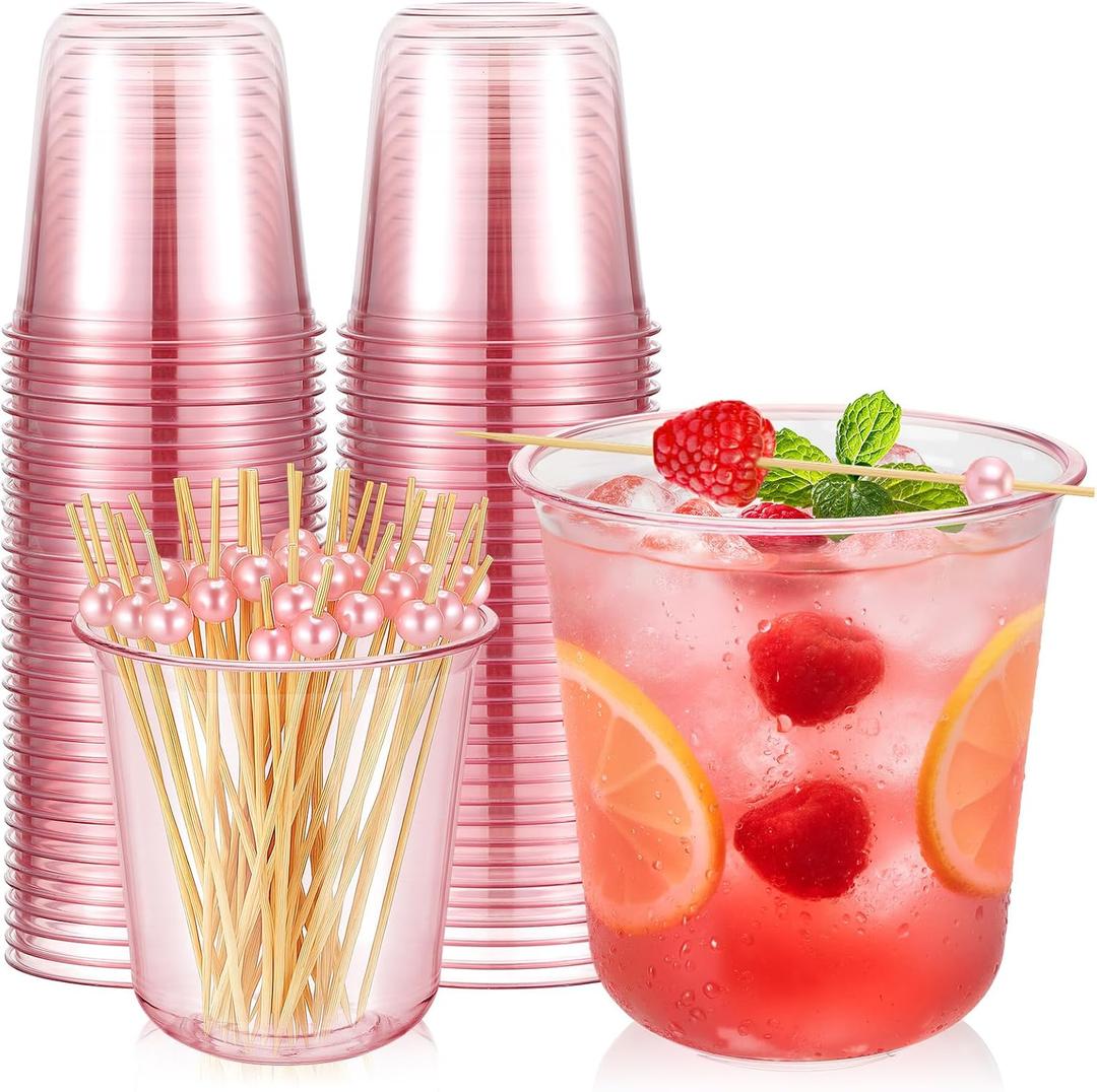 Ziliny 50 12oz Pink Plastic Cups 100 Cocktail Picks, Pink Party Cups, Disposable plastic cup: about 12 oz