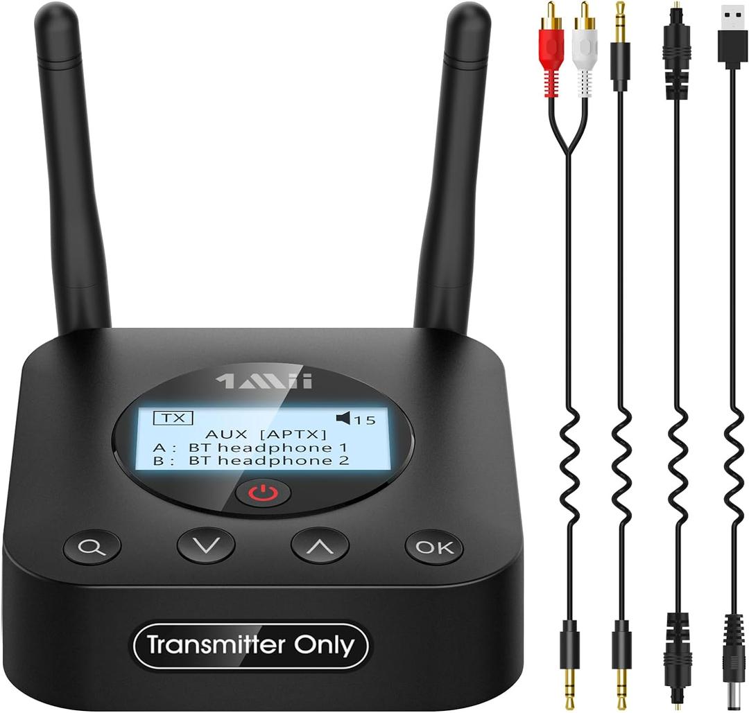 1Mii B06TX+ Long Range Bluetooth 5.2 Transmitter for TV/PC/Projector to 2 Wireless Headphones/Speakers, Bluetooth Adapter for TV w/Screen Display Plug n Play, aptX Low Latency & HD Audio (black)