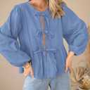 PRETTYGARDEN Women's Spring Fall Babydoll Peplum Blouse Shirt Puff Long Sleeve Bow Tie Front Trendy Cute Y2K Going Out Tops (S)