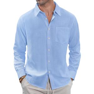 J.VER Men's Cotton Linen Shirts Casual Button Down Long Sleeve Shirt Tropical Spread Collar Solid Top with Pocket, Light Blue, 3X-Large