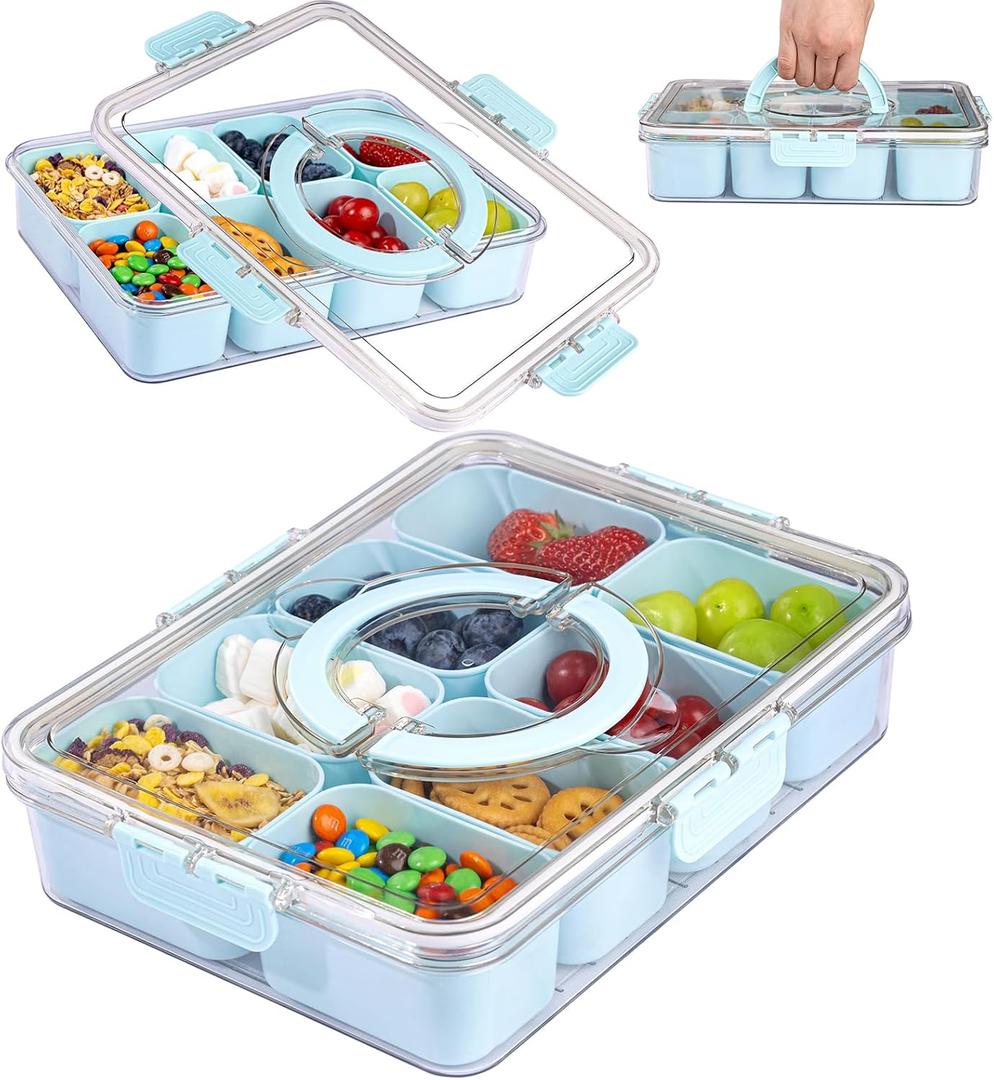 U-QE Dishwasher Safe Snackle Box Container with 8 Small Snacks Box - Premium Mint Green Plastic Divided Serving Tray with Lid and Handle for Snack, Veggie, Fruits, Perfect for Party, Picnic