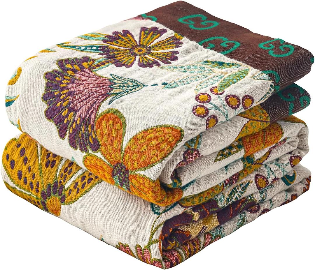 Boho Throw Blanket for Bed, 100% Cotton Muslin Soft Twin Throw-Floral Farmhouse Rustic Decor Blanket for Couch Sofa Quilt and Gift, 60" x 80"-BeigeWhite (Flower-Jungle)