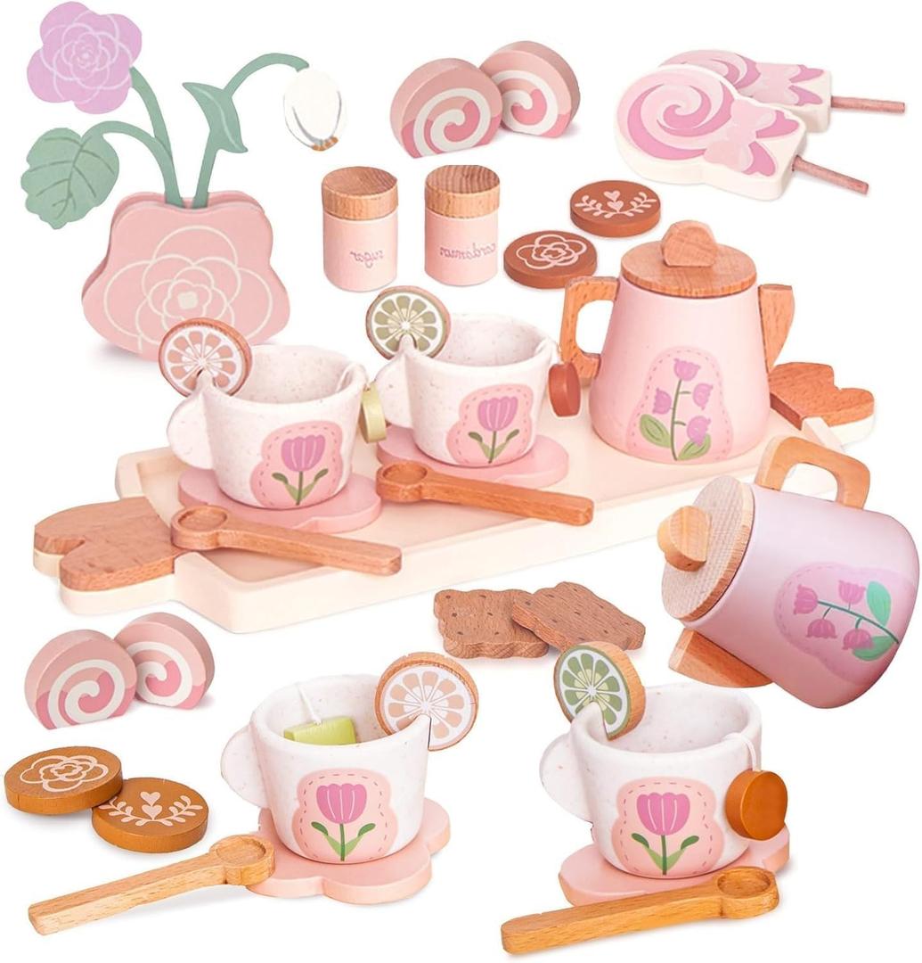 24-Piece Wooden Tea and Dessert Set for Girls Party Dinette Toy Girl 3 4 5 Years Old Kitchen Accessory Toddler Wooden Role Play Tea Party Gift Pink