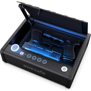 awesafe Biometric Safe for Pistol, 3 Ways Quick Access Handgun Safe with Fingerprint Digital PIN Key, Portable Car Safe, Lock Box with Gas Strut for Nightstand Bedside Cloakroom LivingRoom