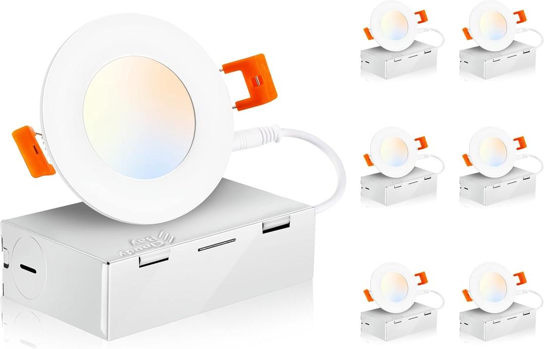 CLOUDY BAY 3 inch 5 Color Ultra Thin LED Recessed Light with Junction Box, Canless Wafer Downlight, IC Rated, 8W CRI90+, 5 Color Temperature Selectable, Illumination Diameter 1-7/8inch,White, 6 Pack