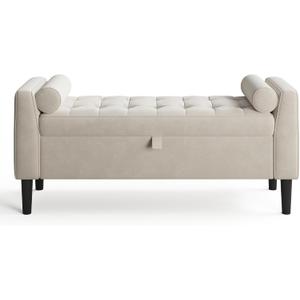 Garvee 46.5 in Storage Ottoman Bench – Upholstered End-of-Bed Storage Chest with Rolled Armrests & Wood Legs, Entryway Shoe Bench and Footrest Seat for Hallway, Bedroom & Living Room （Beige）, 46.5"d X 16.9"w X 21.3"h