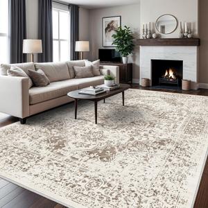 9x12 Washable Distressed Area Rugs: Living Room Bedroom Kitchen Vintage Faded Rug Non-Slip Thin Ultra Soft Livingroom Laundry Carpets, Light Brown (9' x 12')