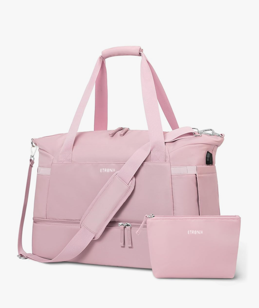 ETRONIK Gym Bag for Women, 47L Carry On Travel Duffel Bag with Shoes Compartment, Weekender Overnight Bag with Wet Pocket & USB Charging Port for Women, Travel, Gym, Weekend, Large Size (Pink