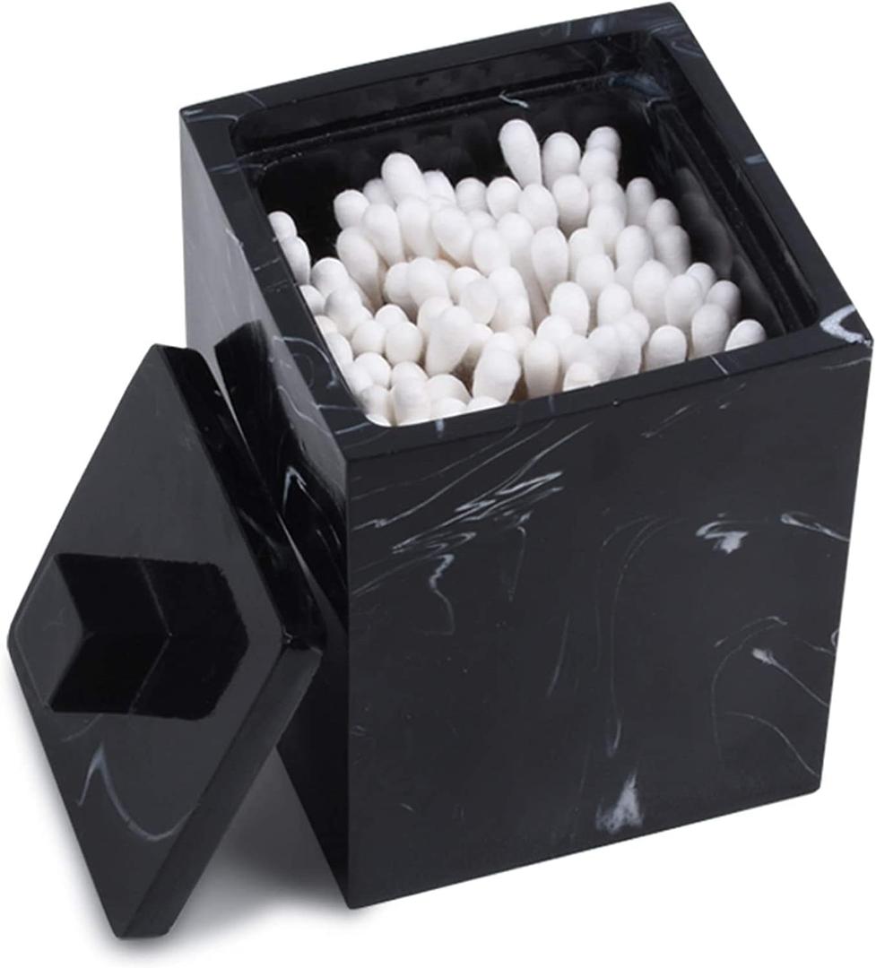 JUNGFORD Qtip Holder for Bathroom with Lid  Square Cotton Swab Organizer, Cotton Ball Dispenser, Makeup Pad Container  Marble Look Resin Vanity Storage (Black)