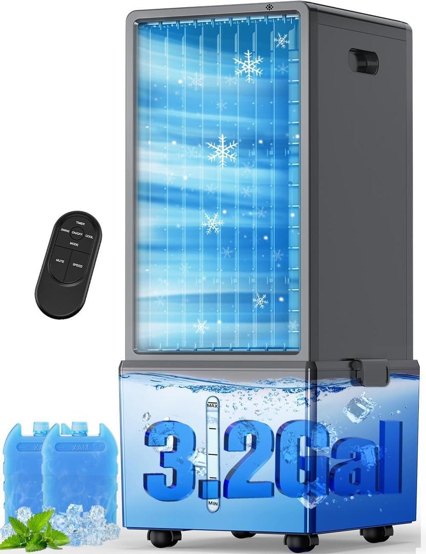 4-IN-1 Windowless Air Conditioner Portable w/ 4 Speeds & 4 Modes, 3.2-Gal Dual Tank for 24H Cooling, Waterless Alert System, 12H Timer, Remote & Touch, Swamp Cooler Air Conditioner for Bedroom