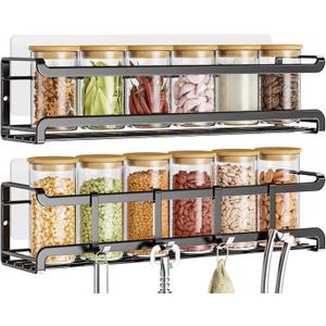 Bunoxea Spice Rack Wall Mounted 2 Pack, Black,11.41x2.75x2.75in | 2 Removalble Hooks,Screw or Adhesive Hanging,Space-Saving,For Kitchen Cabinet, Pantry Door,Stove,RV