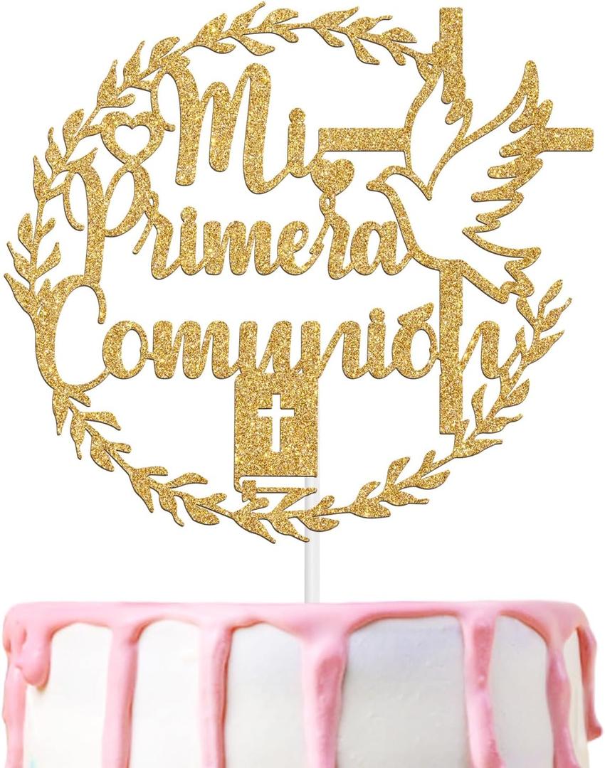 4 x Mi Primera Comunin Cake Topper, Spanish First Holy Communion, Religious Baptism, Christening Baby Shower 1st Birthday Party Decorations Supplies, Gold Glitter