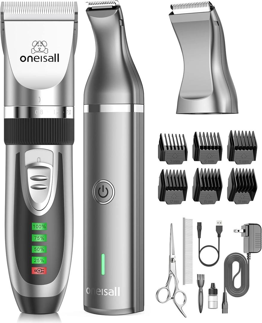 oneisall 2 in 1 Pet Cat & Dog Grooming Kit - Quiet Cordless Dog Clippers & Paw Trimmer for Grooming Pet Hair (Silver)