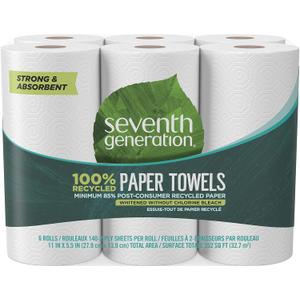 Seventh Generation 100% Recycled Paper Towels, 2 Ply, 140 Sheets, 6 Rolls (White)