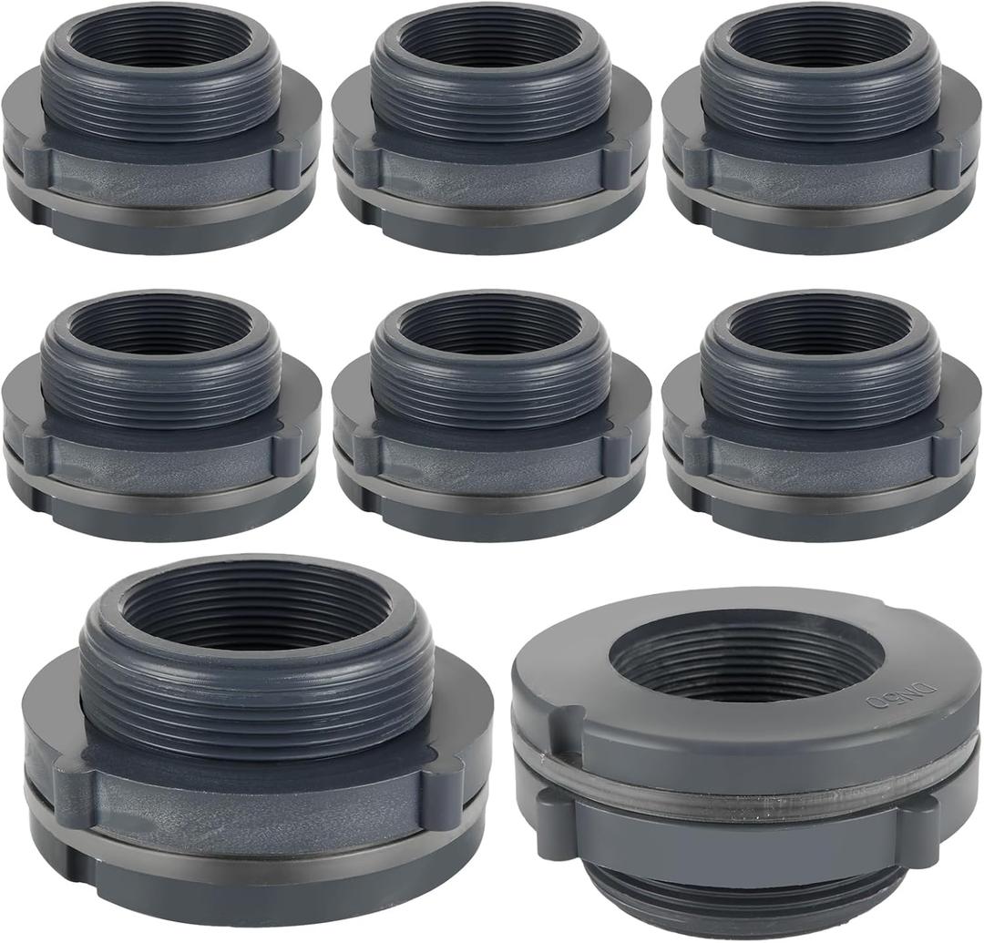 8PCS Bulkhead Fitting 2 inch Double Threaded Bulkhead Water Tank Connector PVC Bulkhead Fitting Threaded Thru-Bulk Pipe Fittings for Rain Barrels, Aquariums, Ponds, Water Tanks