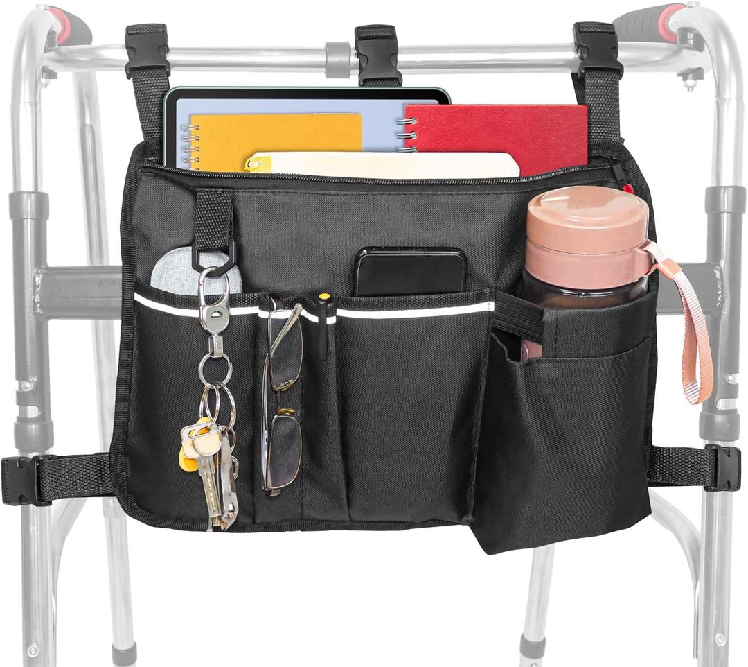 Large Walker Bag with Water Cup Holder,Walker Basket,Walker Accessories,Walker Bags For Folding Walker,Walker Bags For Seniors,Bag For Walker,Foldable Walker Storage Bag,Side Walker Bag