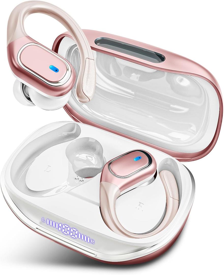 Wireless Earbuds Bluetooth 5.3 Headphones with 80H Playback, IPX7 Waterproof Over Ear Buds with LED Power Display for Sports Running Workouts-Rose Gold