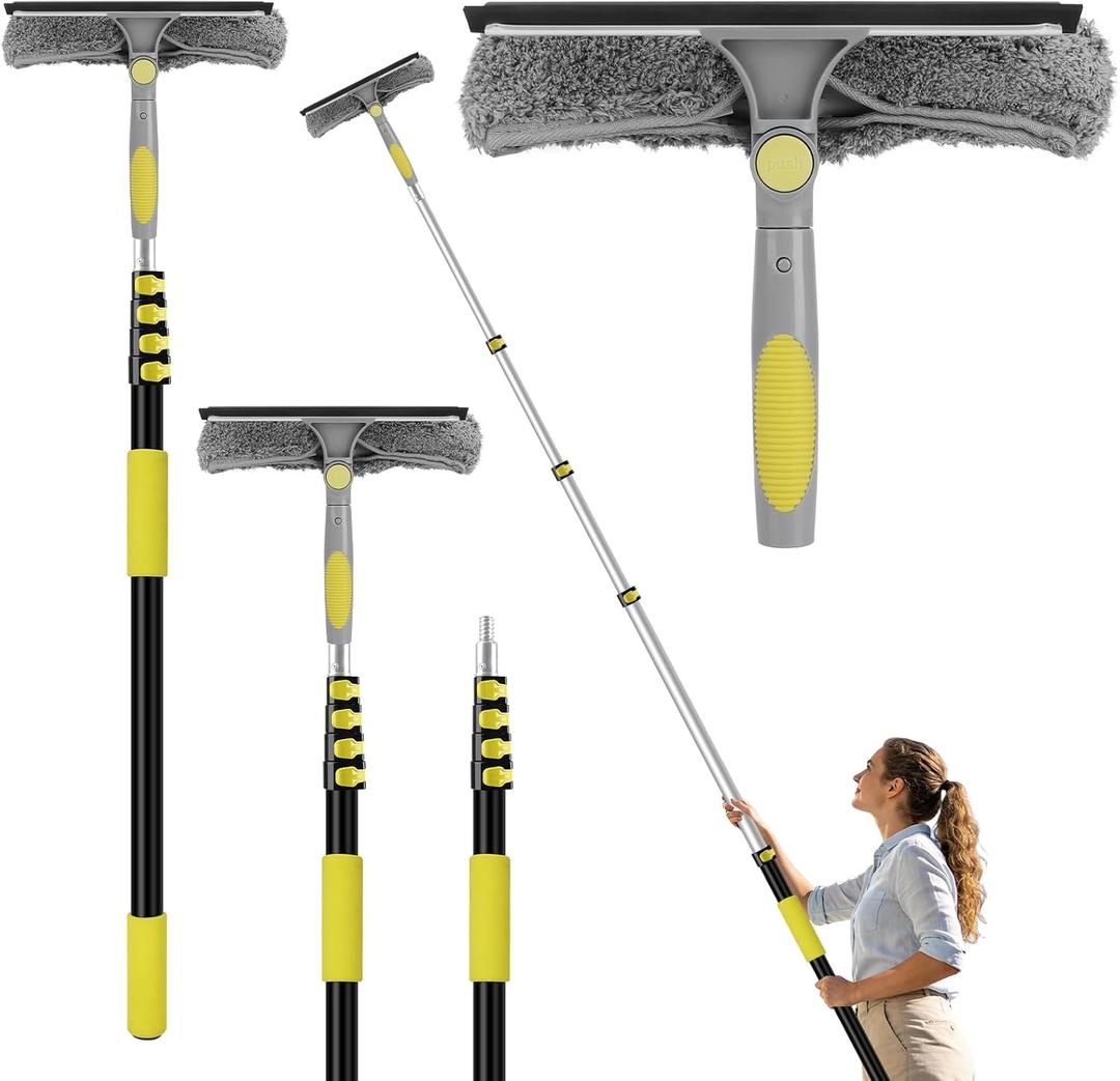 Window Squeegee with Extension Pole, 26FT Reach Squeegee for Window Cleaning, 2-in-1 Windows Washer, 180°Rotated Windows Cleaner Squeegees, Washable Window Squeegees for Home, Mirror, Car, 20FT
