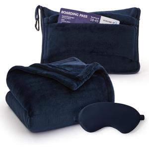 Bedsure Travel Blanket Airplane Compact with Storage Bag, Packable Blanket with Eye Mask, Lightweight 2-in-1 Travel Essentials, Functioned as Pillow for Airplane Comfort and Warmth, Navy (Throw)