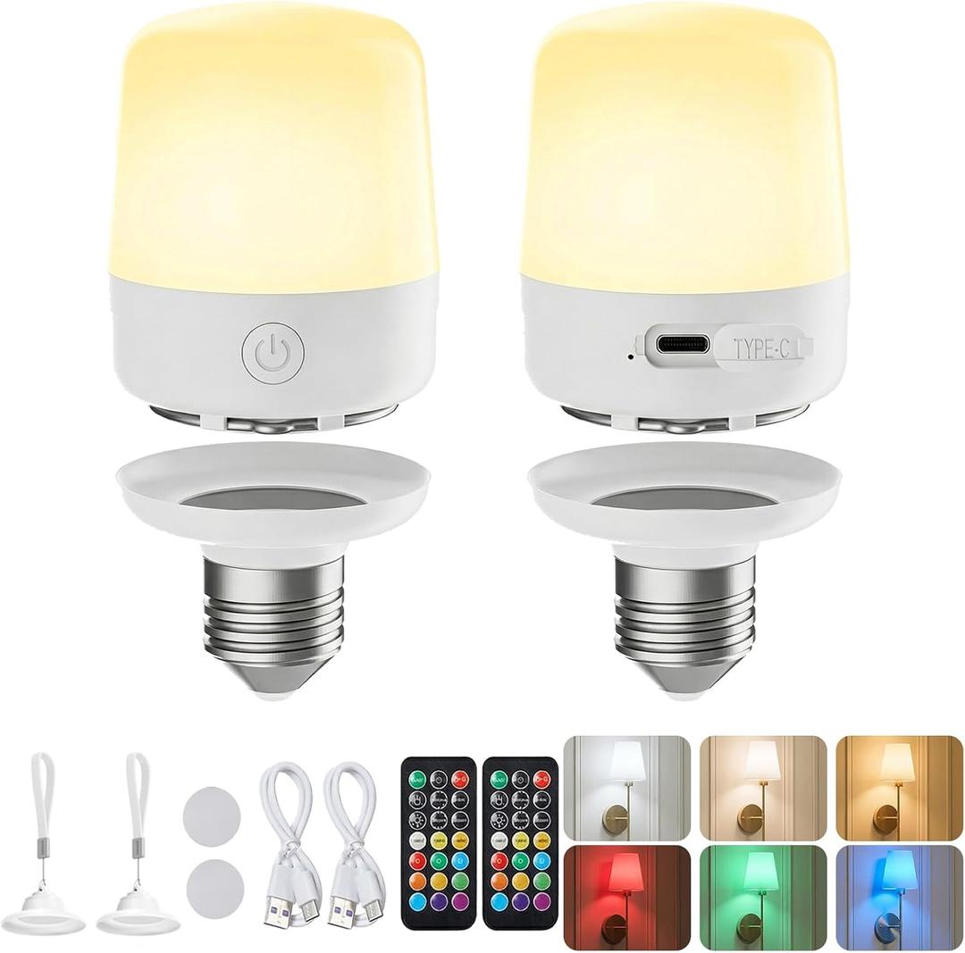 Minetom E26 Rechargeable Light Bulbs with Remote and Timer, Battery Backup Bulb with 12 Colors and Brightness Dimmable, 2300mAh 40W Equivalent LED Light Bulbs for Lamps Sconces Camping, 2 Pack