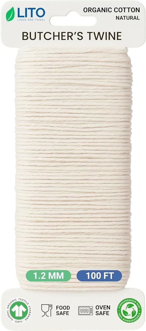 Organic Butchers Twine 100 Feet for Cooking & Trussing Meat 1.2mm Heavy Duty Natural Cotton Kitchen String, Food-Safe & Oven-Safe for Turkey, Baking, BBQ & Crafts