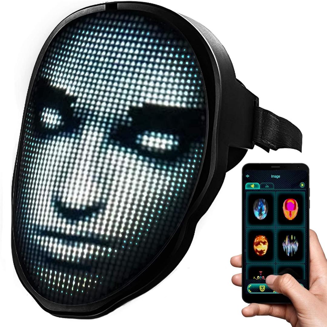TrendyNow365 Rechargeable LED Halloween Mask with Bluetooth, Programmable with Shining Mask App, Face Changing Cosplay, Party, Christmas
