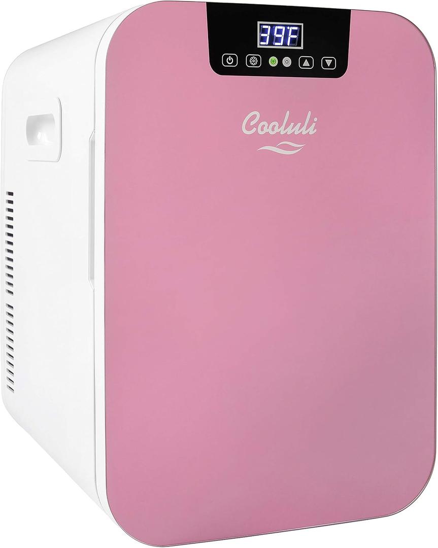 Cooluli 20L Mini Fridge For Bedroom - Car, Office Desk & College Dorm Room - Glass Front & Digital Temperature Control - Small 12v Refrigerator for Food, Drinks, Skincare, Beauty & Breast Milk (Pink), 20 Liter