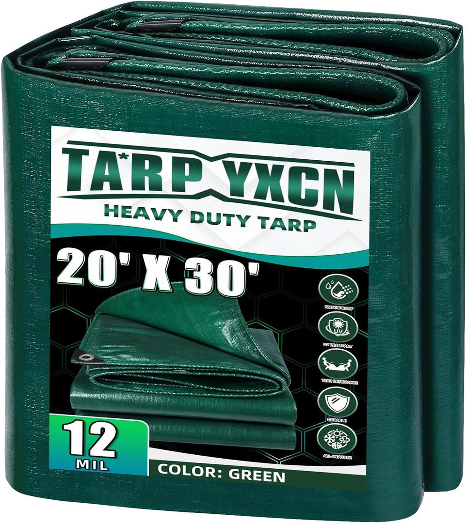 Green Heavy Duty Tarp 20x30 Feet, 12 Mil Thick Waterproof Poly Tarps Cover UV Resistant, Rip & Tear Proof with Metal Grommets Every 20 Inche