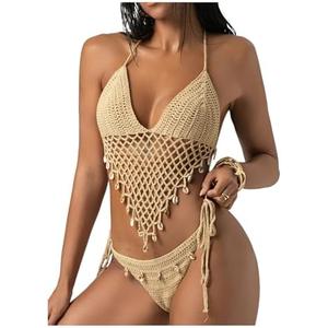 MakeMeChic Women's Boho Hollow Out Halter Bikini Sets Shell Crochet Summer Beach Swimsuit Bathing Suit Size S