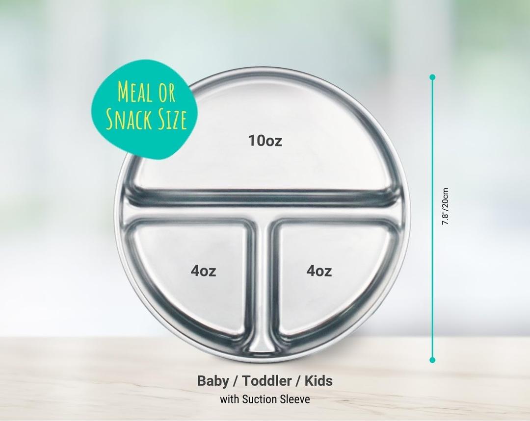 Elk and Friends Stainless Steel Divided Plates with Silicone Sleeve for Babies & Toddlers | Lids Included | Stay Put Suction | Dinner & Snack Plates | 4 Pack
