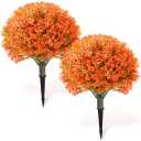 Artificial Boxwood Topiary Ball Bush for Outdoor with Spike, Set of 2 UV Resistant Faux Boxwood Ball Tree with Stake, Weatherproof Fake Round Topiary Shrub Plant for Front Porch Planter(Orange)