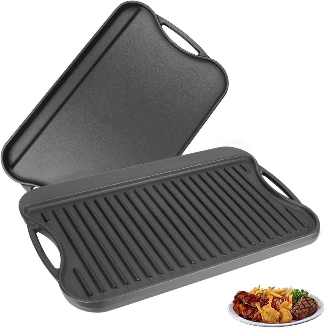 2 in 1 Reversible Cast Iron Griddle for Gas Grill, Flat Top Grill Pan for Gas Stove, Pre-Seasoned Oven Top pan, Upgrade Double Burner Griddle for Indoor & Outdoor Cooking Accessories, 17" X 10"