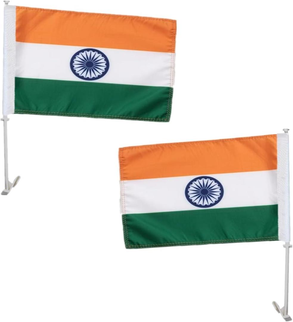 2 Pack India Car Flags 11" x 17" with Flagpole Mount,Premium 200D Polyester Indian National Car Flag,19" Flagpole Fixed Window Clip Mount for Most Vehicle Window.